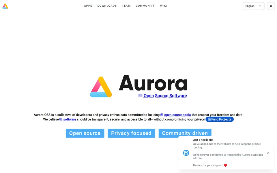 Screenshot of the Aurora Store website