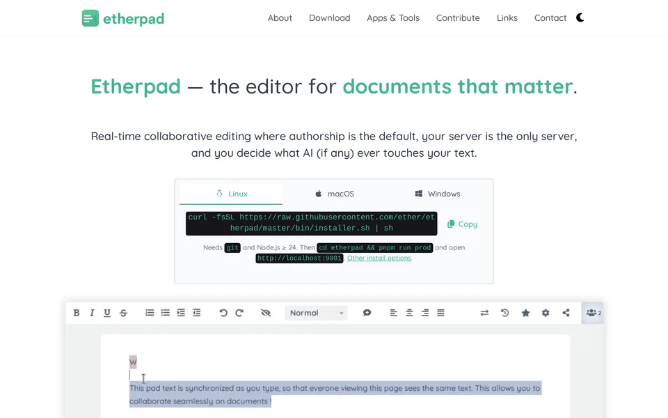 Screenshot of the Etherpad website