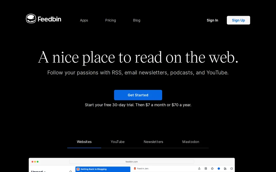 Screenshot of the Feedbin website