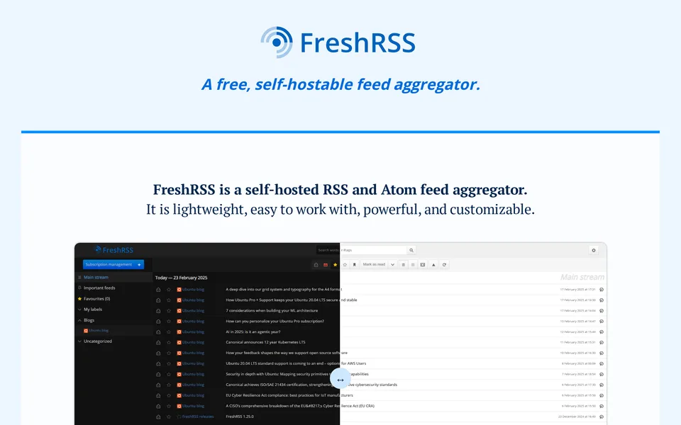 Screenshot of the FreshRSS website