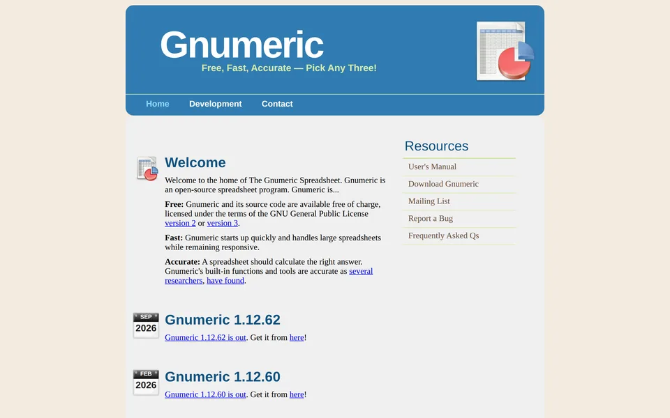 Screenshot of the Gnumeric website