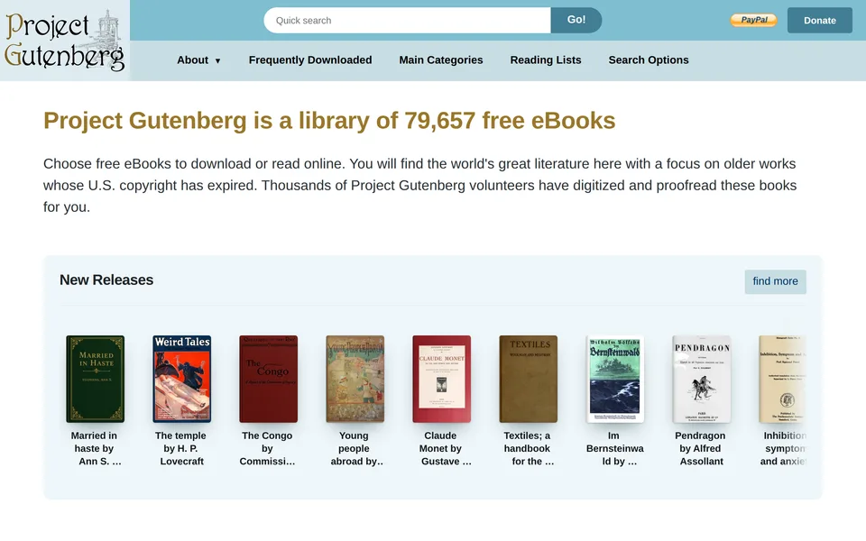 Screenshot of the Project Gutenberg website