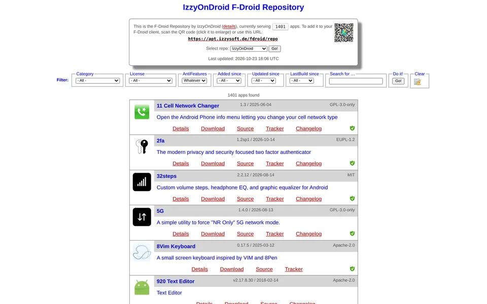 Screenshot of the IzzyOnDroid website