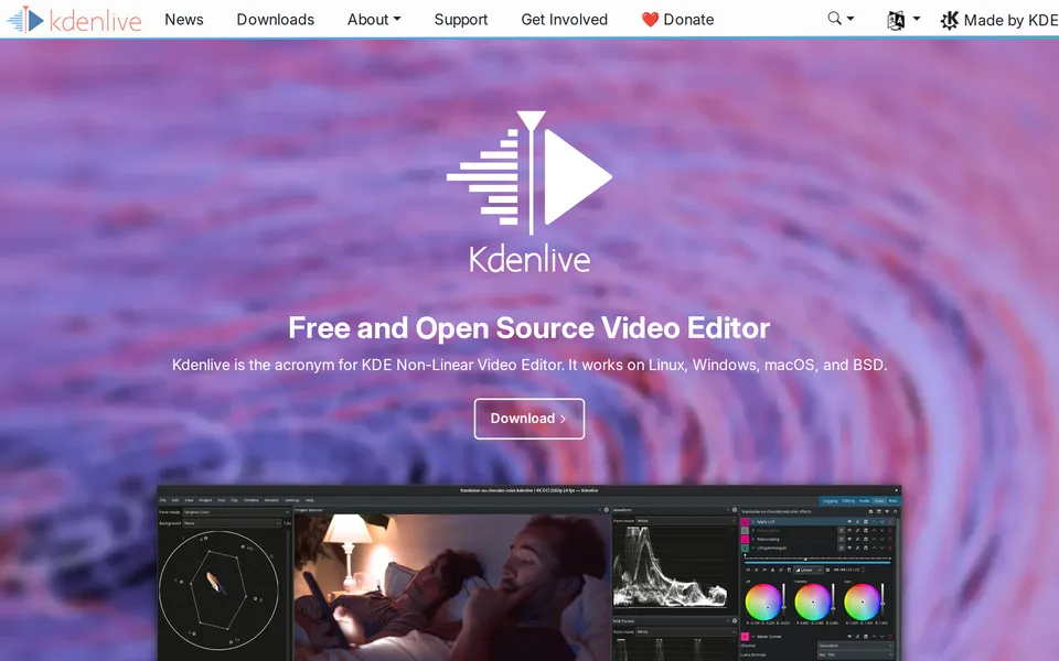 Screenshot of the Kdenlive website