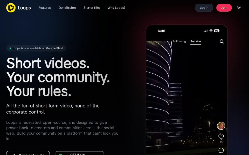 Screenshot of the Loops website