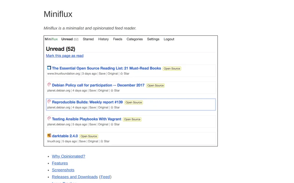 Screenshot of the Miniflux website