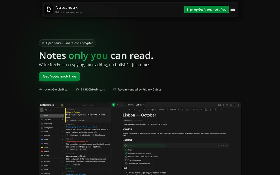 Screenshot of the Notesnook website