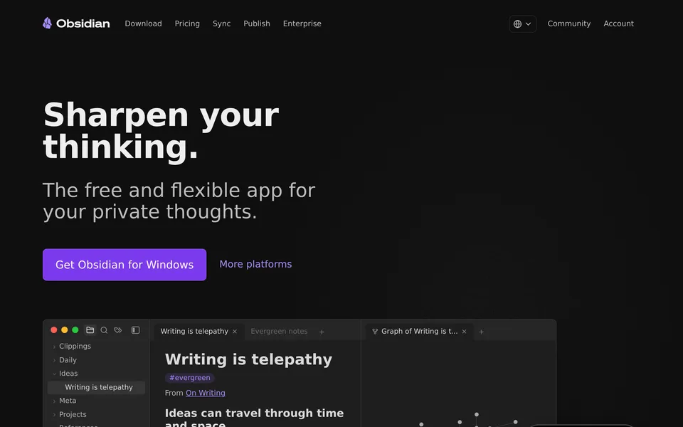 Screenshot of the Obsidian website