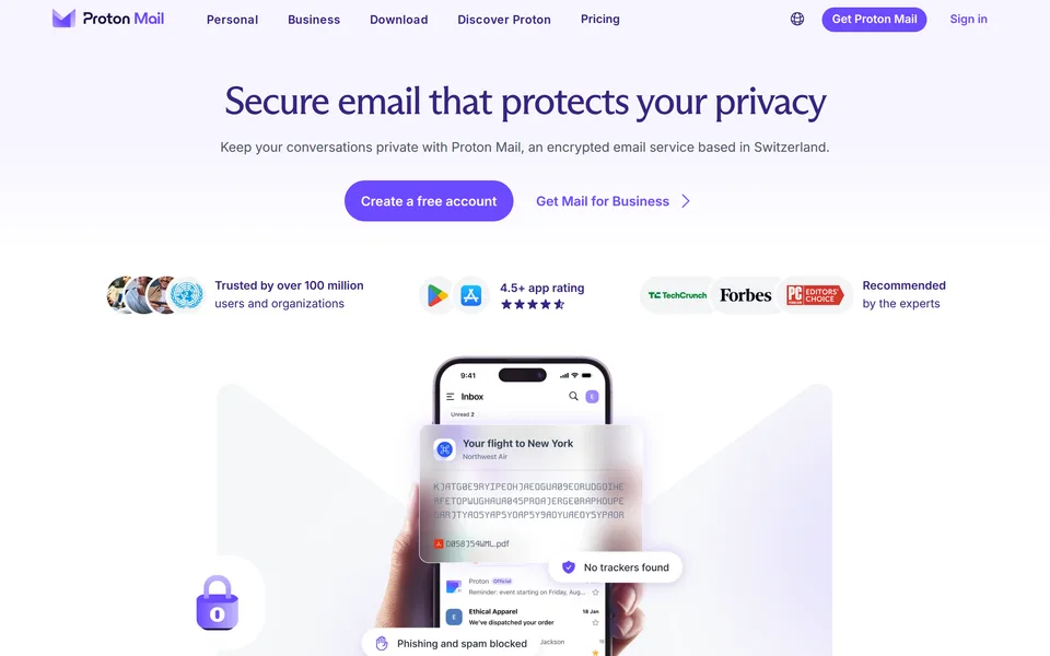 Screenshot of the Proton Mail website