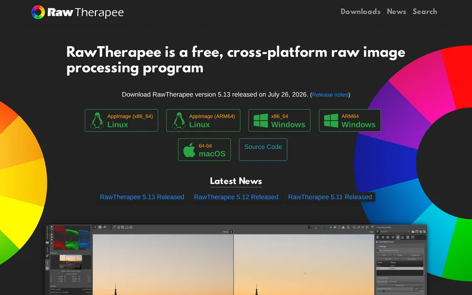 Screenshot of the RawTherapee website