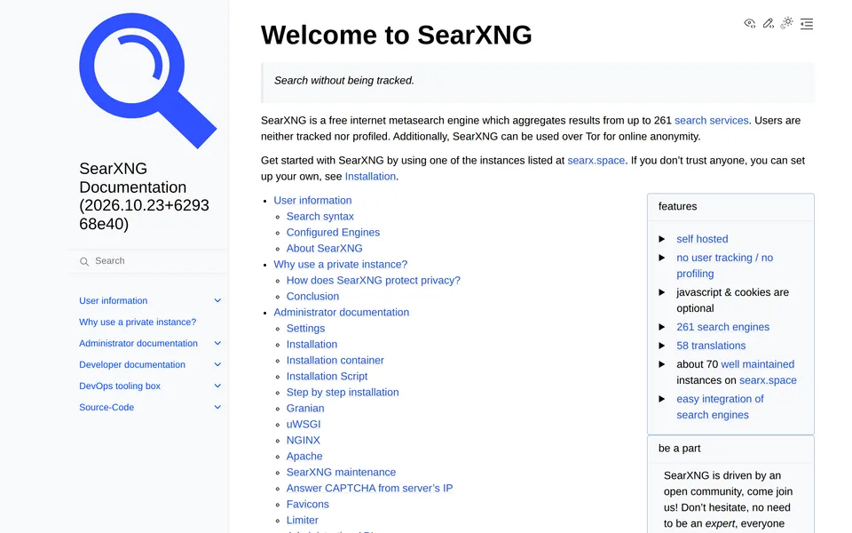 Screenshot of the SearXNG website