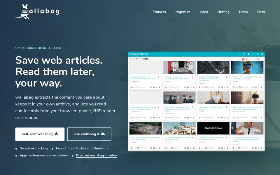 Screenshot of the wallabag website